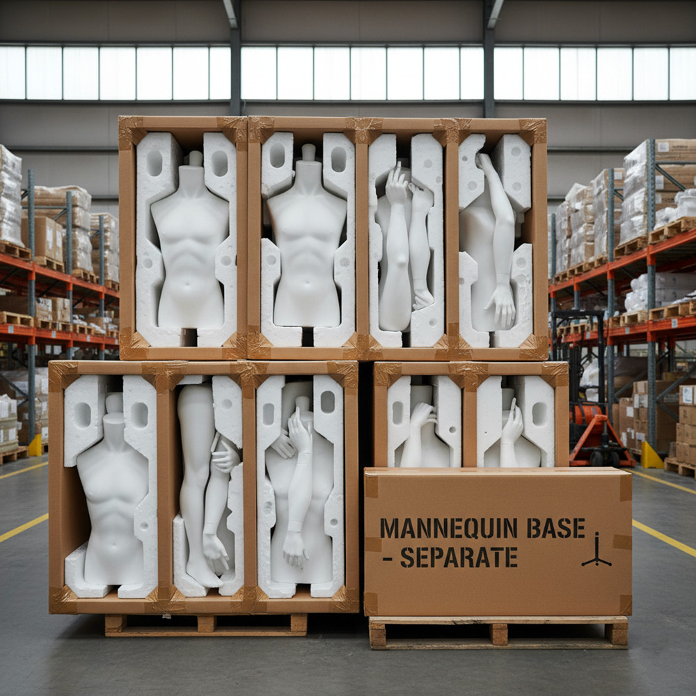 Export carton packaging for male mannequins with foam wrap and reinforced edges.